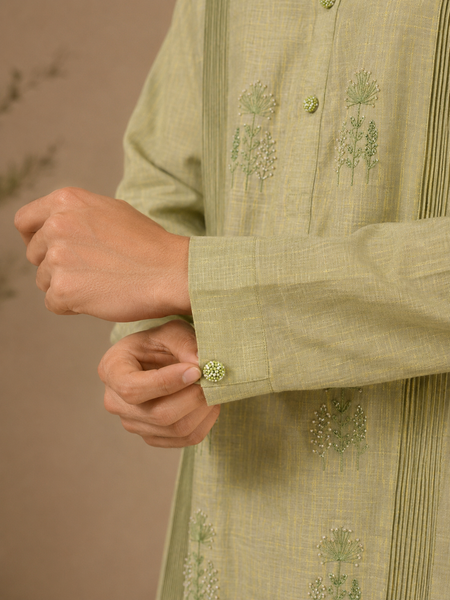 Green & Yellow 100% Linen Kurta Set (The Matcha & Wild Meadow) - MMK0678