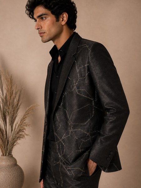 Black Bemberg Silk Blazer (The Midnight Constellation) - MMJ0167