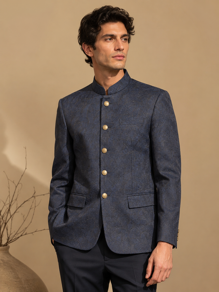 Midnight Blue Jacquard Bandhgala (Sapphire Ganache)- MMJCUS002