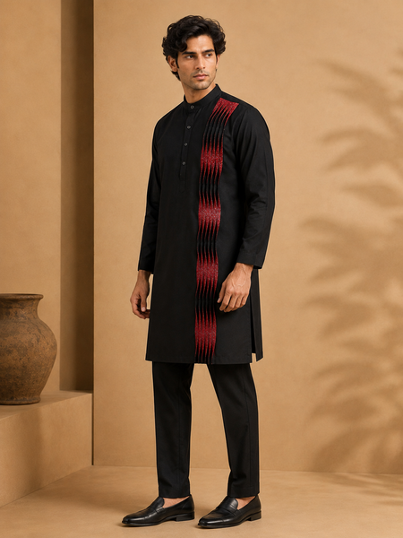 Black & Red Silk Cotton Kurta Set (The Caviar & Crimson) - MMK0676