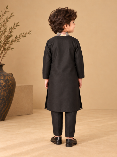 Black Bemberg Silk Kurta Set (The Midnight Geometry) - MMKWCUS005