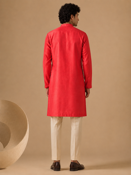 Coral Red Chanderi Red Kurta Set (The Coral Meridian) - MMKCUS002