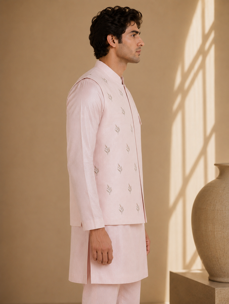Baby Pink Bemberg Silk Modi Jacket (The Rose & Silver Sprig) - MMWC0246