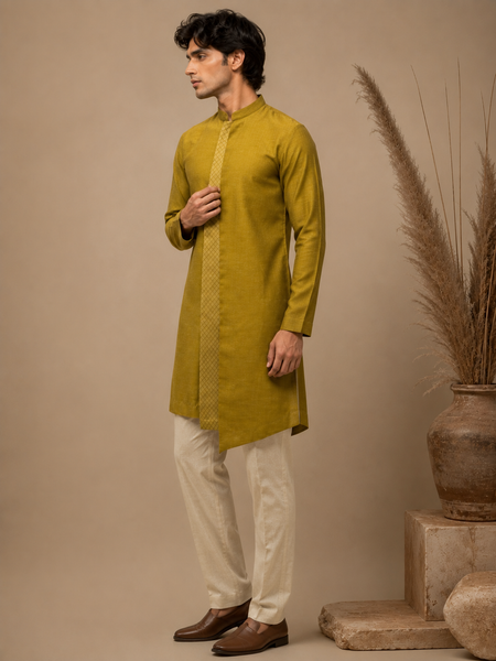 Moss Green Chanderi Kurta Set (Moss Gold Lattice Accent) - MMK0670