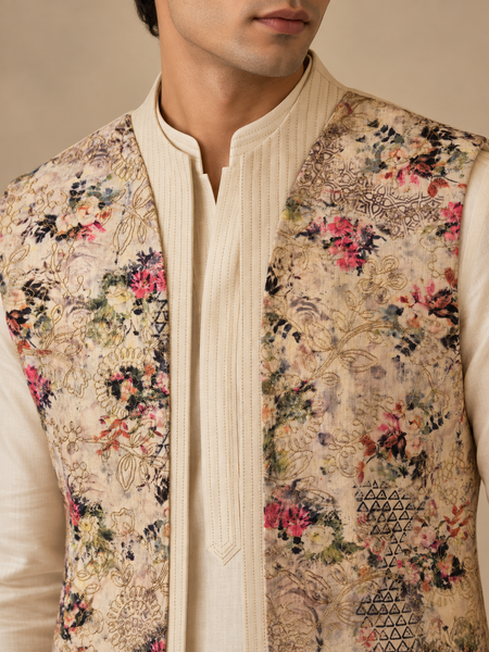 Beige Floral Silk/Cotton/Chanderi Short Open Jacket (The Spring Bloom) - MMSOJ030