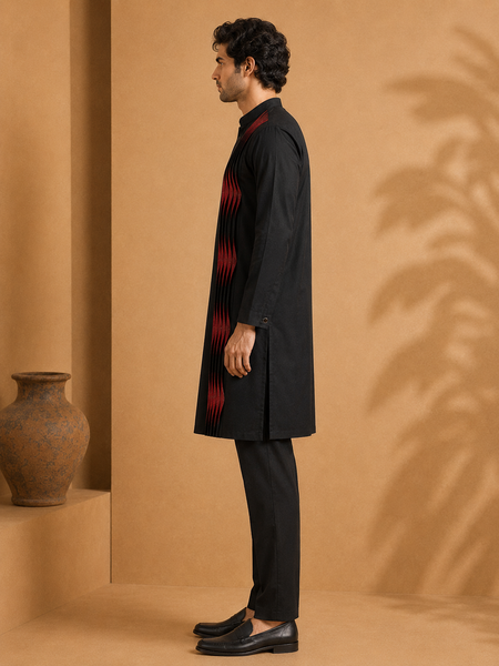 Black & Red Silk Cotton Kurta Set (The Caviar & Crimson) - MMK0676