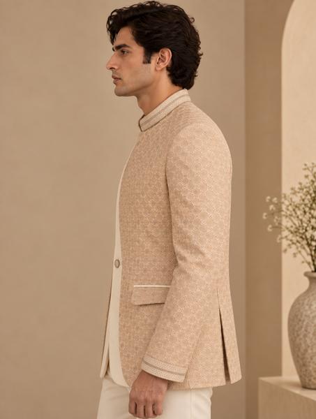 Champagne Sand Chanderi Embroidered Bandhgala - MMJ0179