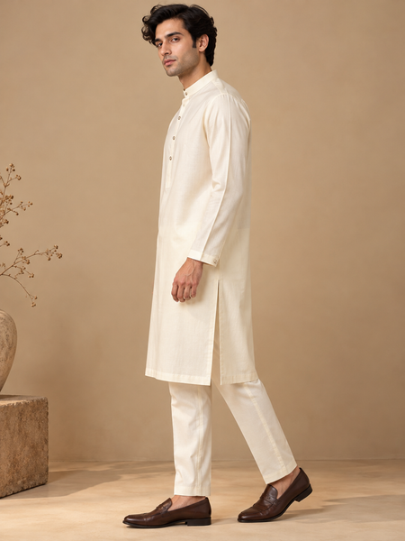 Ivory Cotton Silk Kurta Set (Milkwood & Pearl) - MMKCUS006