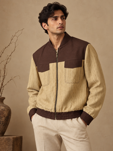 Chestnut Brown & Beige Matka Cotton Bomber Jacket (The Roasted Espresso & Oat) - MMBJ060