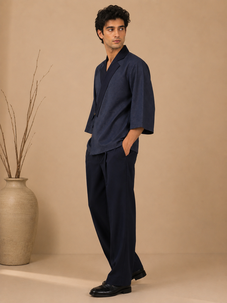 Navy Blue Cotton Silk Cord-Set (Obsidian Kimono Wrap) - MMCRSET008