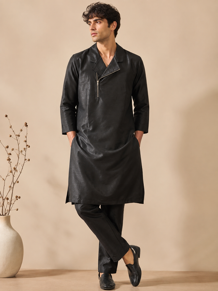 Black Bemberg Silk Kurta Set (The Kinetic Black Set) - MMK0671