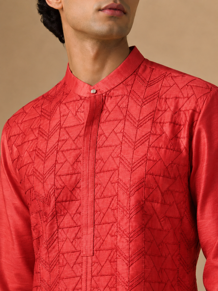 Coral Red Chanderi Red Kurta Set (The Coral Meridian) - MMKCUS002
