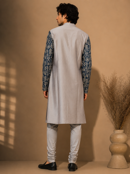 Grey & Blue Silk/Chanderi EMB (The Azure Moti) - MMK0675