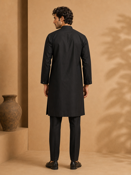Black & Red Silk Cotton Kurta Set (The Caviar & Crimson) - MMK0676