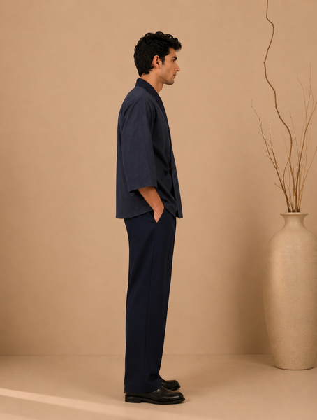 Navy Blue Cotton Silk Cord-Set (Obsidian Kimono Wrap) - MMCRSET008