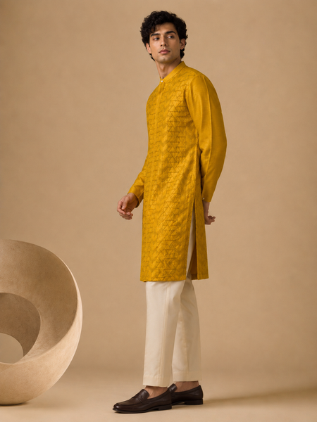 Yellow Chanderi Kurta Set (Spiced Turmeric & Ginger-Glaze Linear) - MMK0669