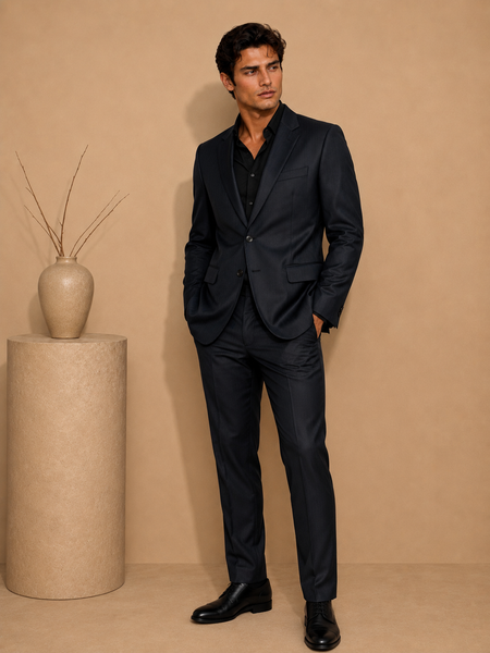 Midnight Blue Italian Wool Blazer & Pant Set (Deep Indigo Cacao & Brass Float) - MMJCUS007