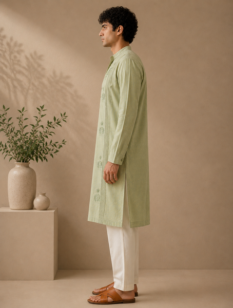 Green & Yellow 100% Linen Kurta Set (The Matcha & Wild Meadow) - MMK0678