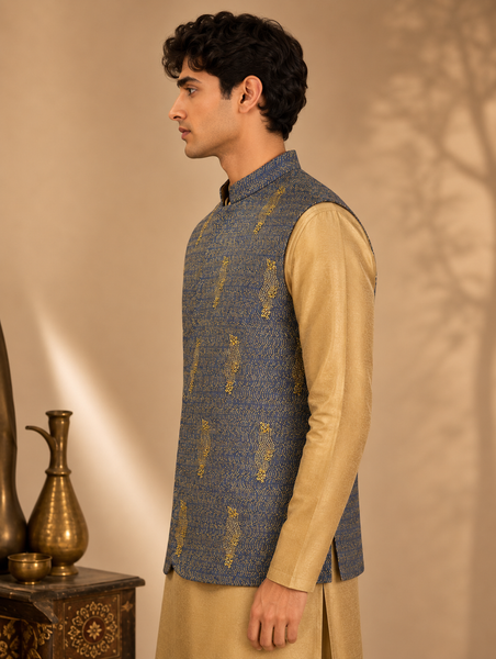 Blue & Yellow Linen Modi Jacket (The Sapphire Limoncello) - MMWC0245