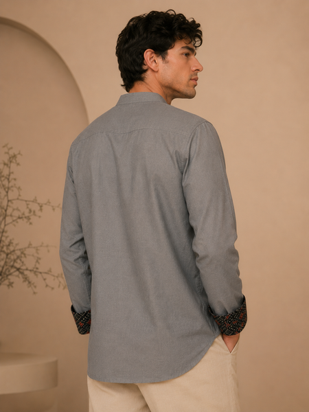 Grey/Blue Malai Cotton Short Kurta (Frosted Ash & Pomegranate Float) - MMSK075