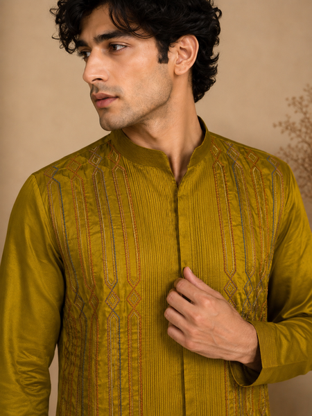 Mustard Yellow RT Fiona Kurta Set (Olive Gold Lattice) - MMK0673
