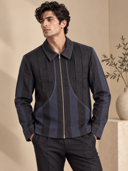 Black & Blue Linen Bomber Jacket (Midnight Navy Slash) - MMBJ055