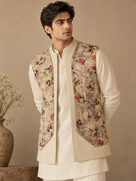 Beige Floral Silk/Cotton/Chanderi Short Open Jacket (The Spring Bloom) - MMSOJ030