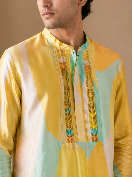 Yellow Muslin Digital Print Kurta Set (Citrus Mint Sovereign) - MMK0661