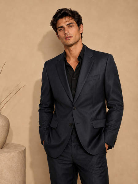 Midnight Blue Italian Wool Blazer (Deep Indigo Cacao & Brass Float) - MMJCUS003