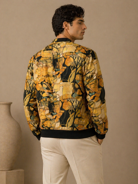 Mustard Muslin Printed Bomber Jacket (Mustard Peppercorn Ganache) - MMBJ052