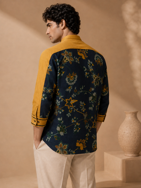 Mustard & Blue Cotton Muslin Printed Shirt (The Tuscan Sun) - MM0942