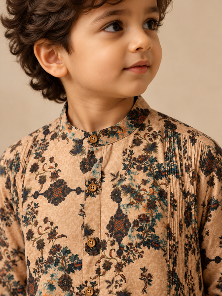 Beige Printed Chanderi kurta Set (The Toasted Cereal Flora) - MMKWCUS012