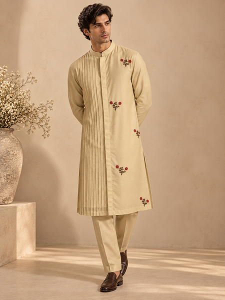 Beige Cotton/Silk Kurta Set (The Sandalwood Blossom) - MMK0679