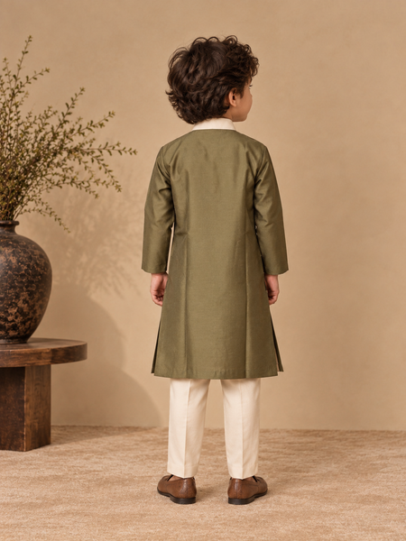 Olive Green & Beige Cotton/Silk Kurta Set (The Little Earthy Olive Crest) - MMKWCUS009