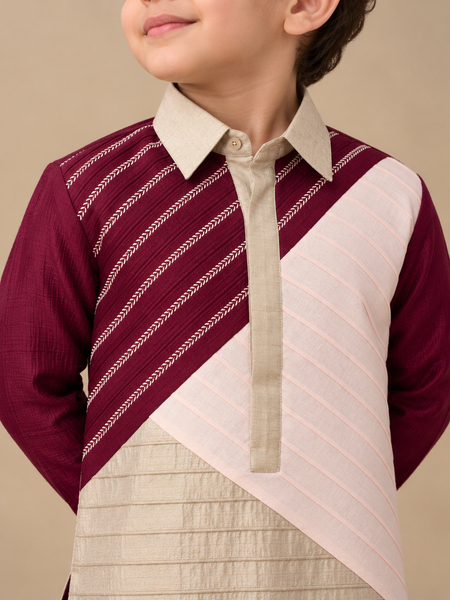 Wine, Pink & Silver Grey Bemberg Silk Kurta Set (The Little Prism) - MMKWCUS008
