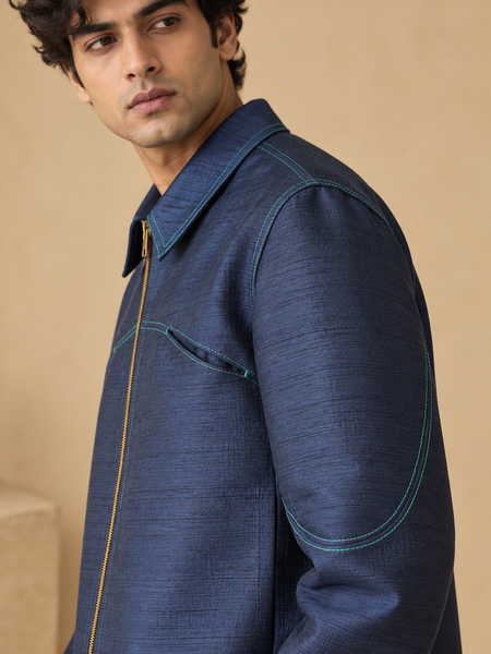 Indigo Bemberg Silk Bomber Jacket (The Blue Iris) - MMBJ059