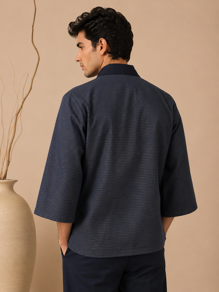Navy Blue Kota Silk/Cotton Jacket/Coat (The Midnight Kimono) - MMJC001