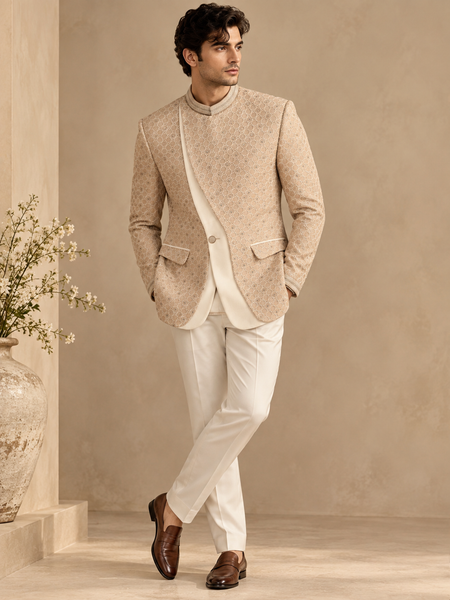 Champagne Sand Chanderi Embroidered Bandhgala - MMJ0179
