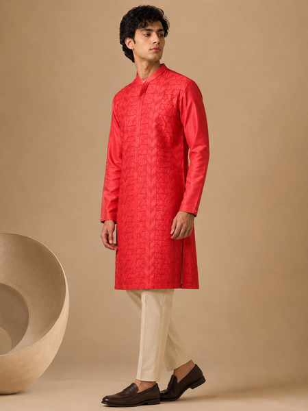 Coral Red Chanderi Red Kurta Set (The Coral Meridian) - MMKCUS002