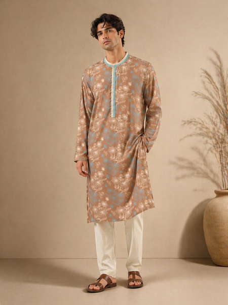 Brown & Blue PrintedMuslin Kurta Set (Monochrome Pulse Duo) - MMK0660