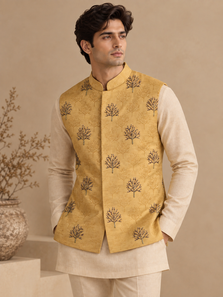 Mustard Yellow Silk Jacquard Modi Jacket (The Sunlit Forest) - MMWC0249