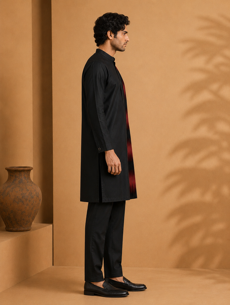 Black & Red Silk Cotton Kurta Set (The Caviar & Crimson) - MMK0676