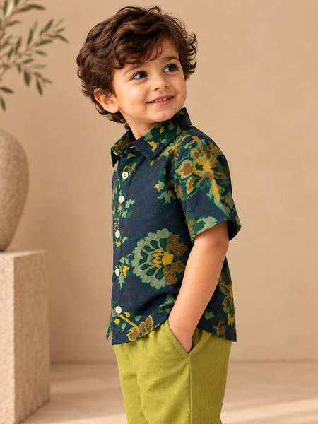 Navy Blue Japanese Muslin Printed Shirt - MMKWCUS001