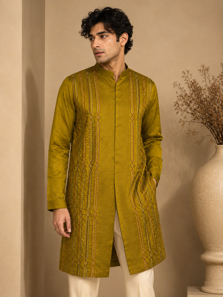 Mustard Yellow RT Fiona Kurta Set (Olive Gold Lattice) - MMK0673