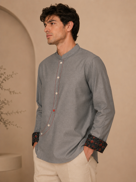 Grey/Blue Malai Cotton Short Kurta (Frosted Ash & Pomegranate Float) - MMSK075