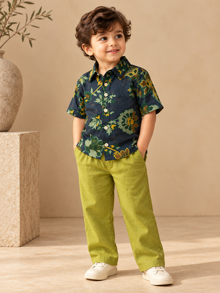 Navy Blue Japanese Muslin Printed Shirt - MMKWCUS001