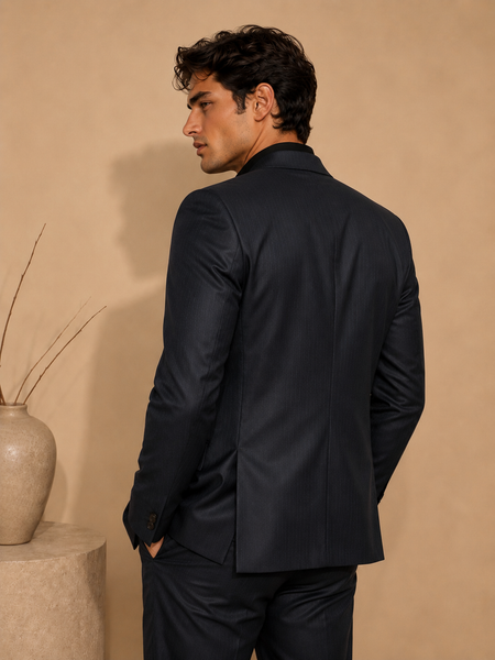 Midnight Blue Italian Wool Blazer (Deep Indigo Cacao & Brass Float) - MMJCUS003