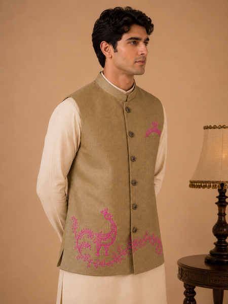 Olive Gold Linen/Silk Modi Jacket (The Olive Tapenade & Dragonfruit) - MMWC0247