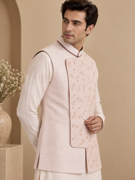 Baby Pink Linen Silk Jacquard Modi Jacket (The Rose Macaron) - MMWC0248