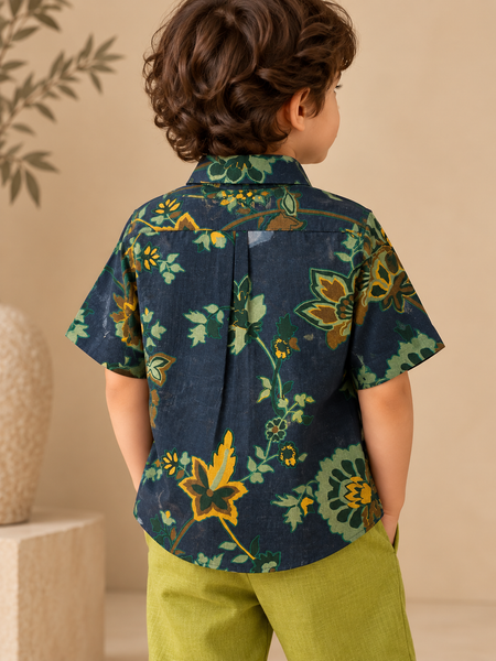 Navy Blue Japanese Muslin Printed Shirt - MMKWCUS001